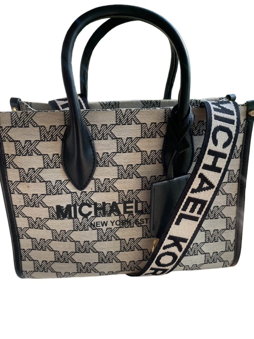 Michael Kors Black and Beige Logo Jacquard Crossbody Tote